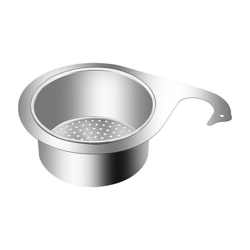 Stainless steel sink strainer with handle on a white background