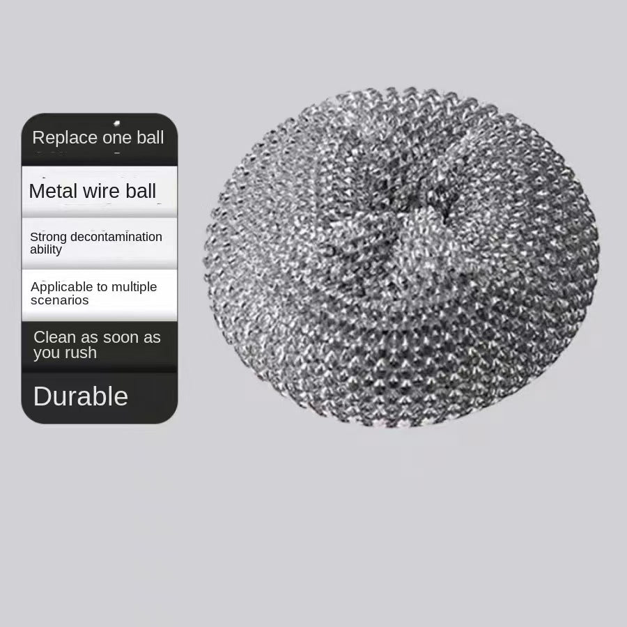 Metal wire cleaning brush pad with text on a gray background
