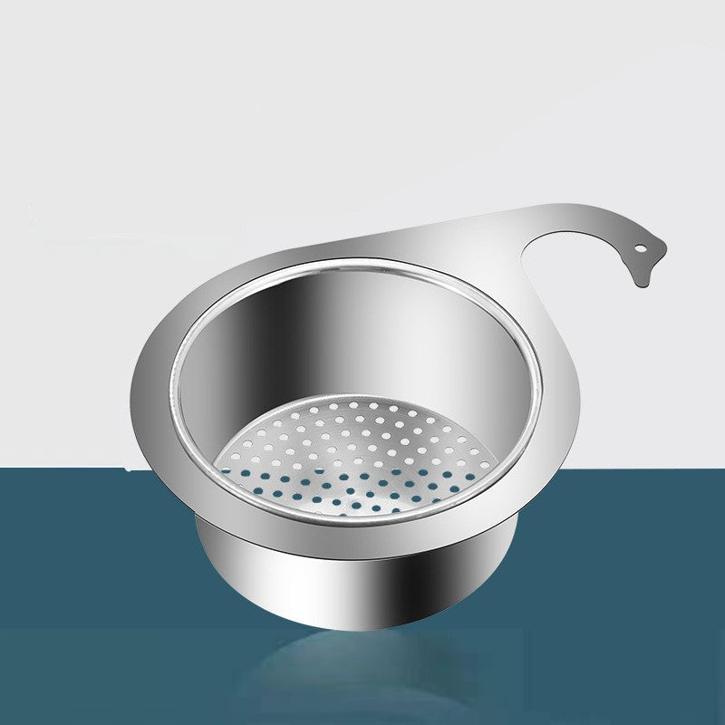 Stainless steel sink strainer with text on a gradient background