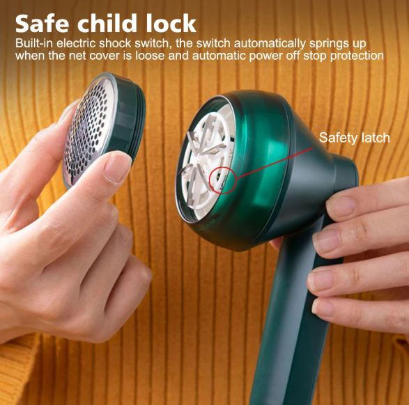 Electric lint remover with safety latch feature on a brown fabric background