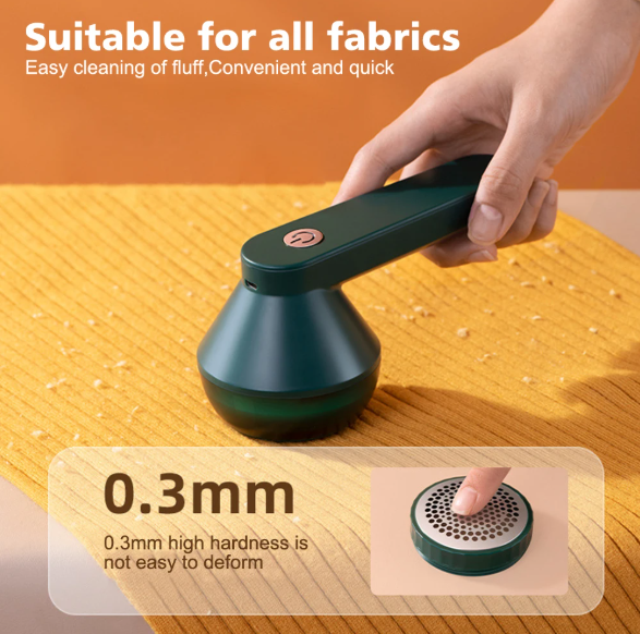 Handheld fabric lint remover on a bworn fabric surface with text highlighting its features.