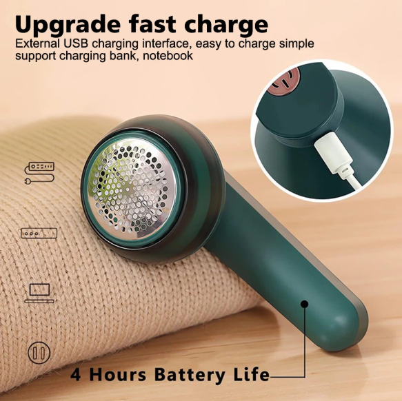 Green handheld electric lint remover device with USB charging interface on a beige surface, with text indicating fast charge and battery life.