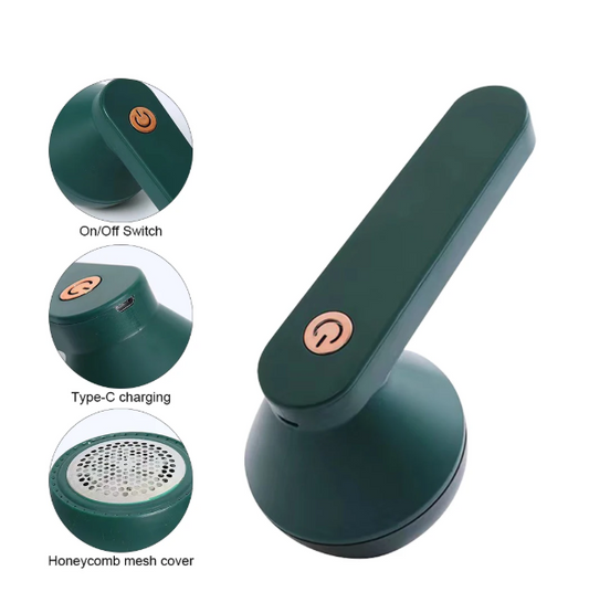 Green handheld electric lint remover with on/off switch, Type-C charging, and honeycomb mesh cover on a white background.