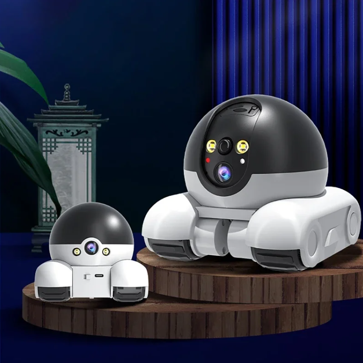 Two pet monitoring movable camera on a wooden platform with a dark background