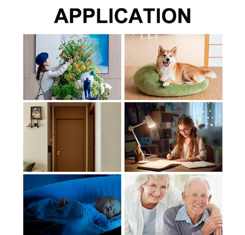 Collage of various use scenarios including a person arranging flowers, a dog on a green bed, a room interior, a person studying, a baby in a blue crib, and an elderly couple. The word 'APPLICATION' is displayed at the top.