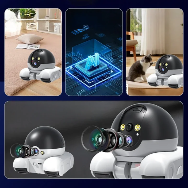 Collage of a pet monitor with camera and sensor features, used for security or monitoring purposes.