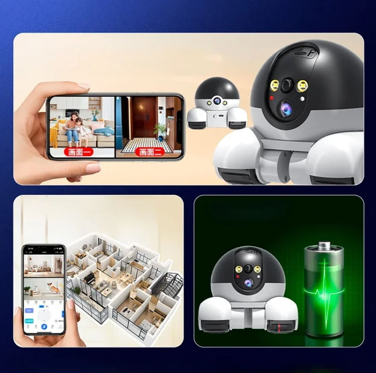 Collage of a pet monitor with a camera, a smartphone with an app interface, and a battery pack on a blue background.
