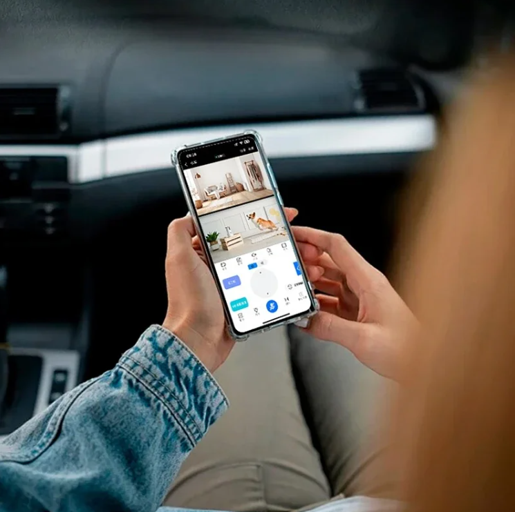 Person using a smartphone pet monitoring app inside a car