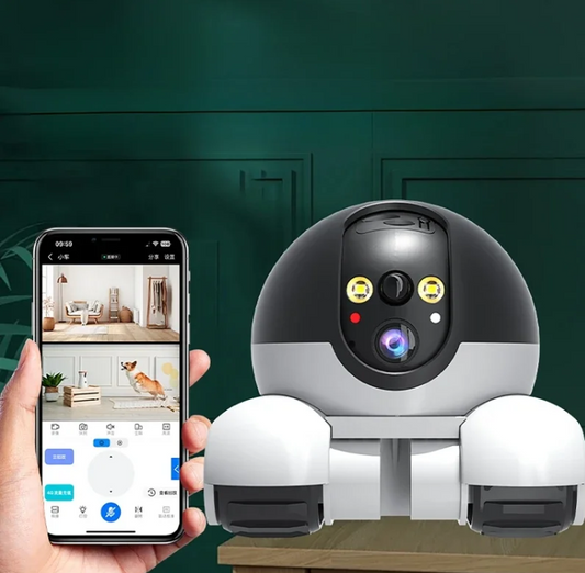 Smart home and pet monitoring camera with smartphone app on a green background