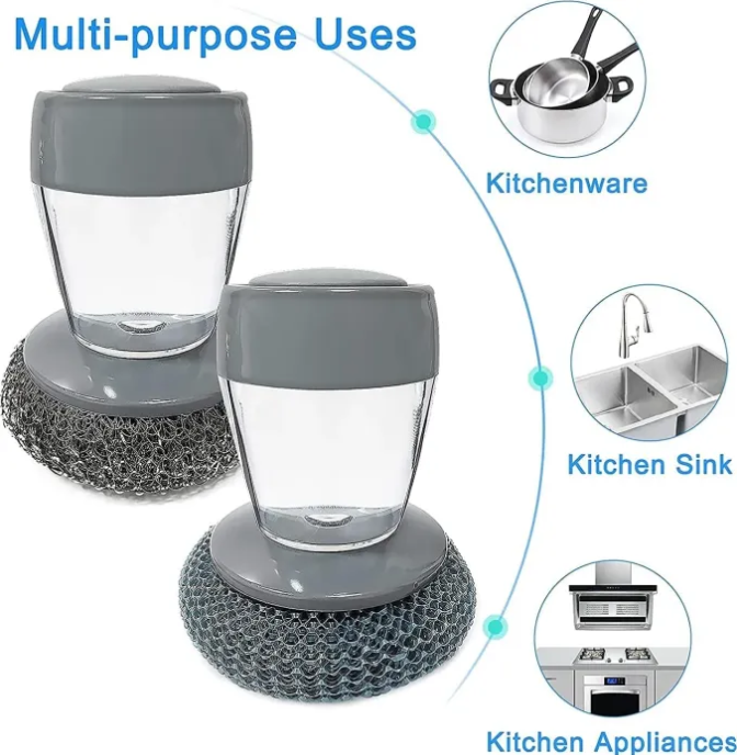 Two gray and clear containers with steel brush bases, labeled for kitchenware, sink, and appliance use.