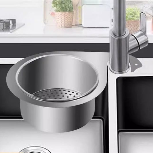 Stainless steel sink strainer on a kitchen sink with SUS201 text