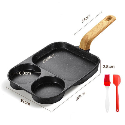 Black frying pan with wooden handle and measurement details on a white background