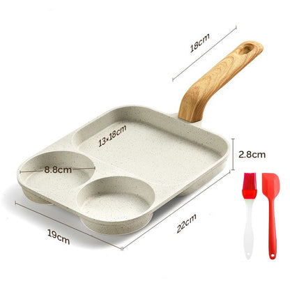 Three-in-one breakfast pot with dimensions and accessories on a white background