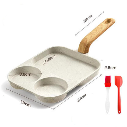 Three-in-one breakfast pot with wooden handle and measurement details on a white background