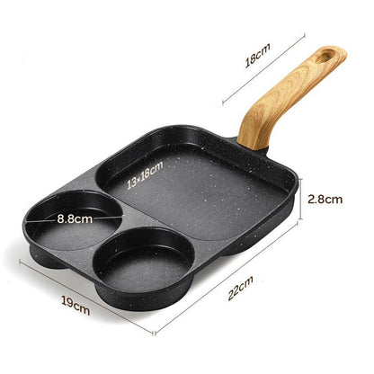 Black three-section frying pan with wooden handle and measurements on a white background