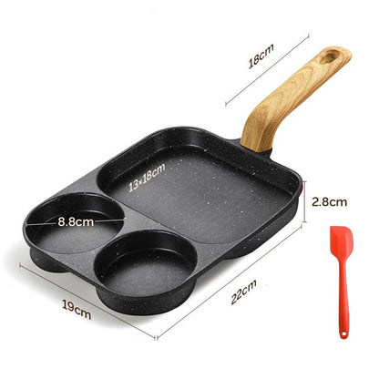 Three-in-one breakfast pot with dimensions and a wooden handle on a white background