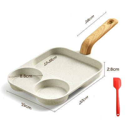 Three-in-one breakfast pot with dimensions and a spatula on a white background