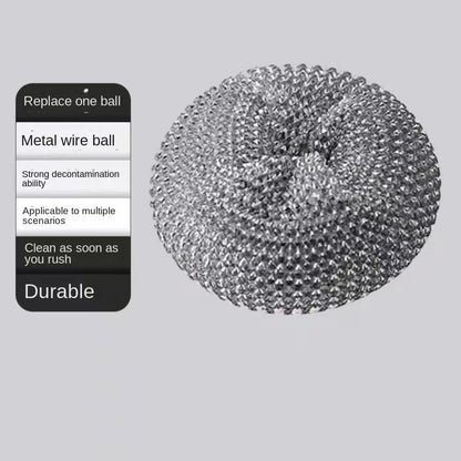 Metal wire cleaning brush pad with text on a gray background
