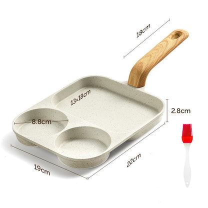 Three-in-one breakfast pot with wooden handle and measurements on a white background