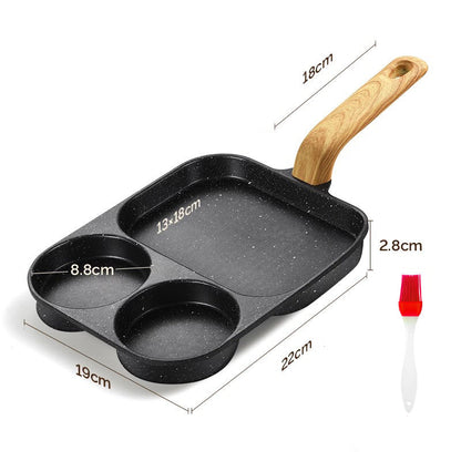 Three-in-one breakfast pot with dimensions and a wooden handle on a white background