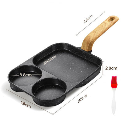 Black frying pan with wooden handle and measurements on a white background