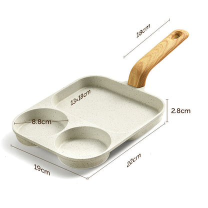 Three-section breakfast pot with wooden handle and measurements on a white background
